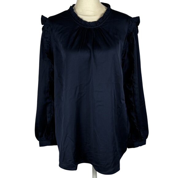 J. Crew Navy Blue Ruffle Blouse Size Medium - Picture 1 of 9